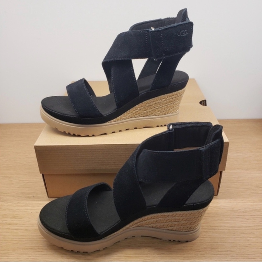 UGG Ileana ankle strap Black Suede Wedge Sandals - Women's Elevated Comfort 7.5